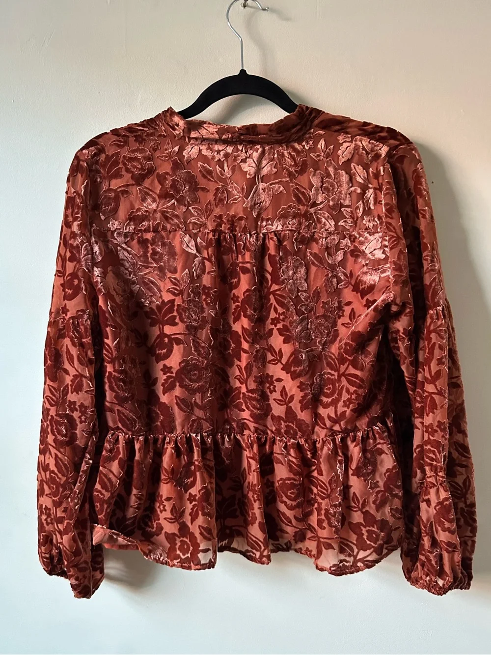Anthropologie Floral Burnout Velvet Peplum Blouse